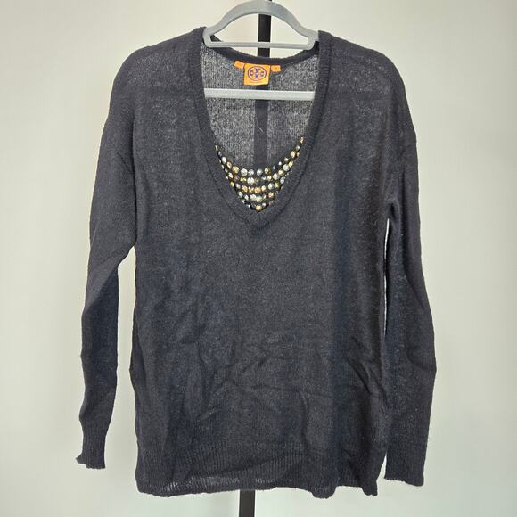 Tory Burch Alpaca Wool Long Sleeve Sweater Black Sheer Sequin Layer Y2K Medium - Picture 1 of 9